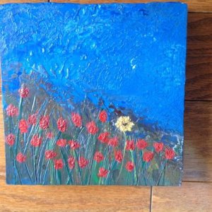 Painting for Audrey. Party hostess
" you are a shiny flower in my garden"
( encaustic on wood)