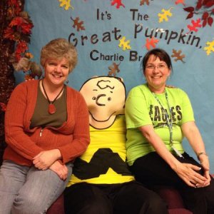 My BFF Shawn (on left). Me on right. Principal as Charlie Brown on Reading Night